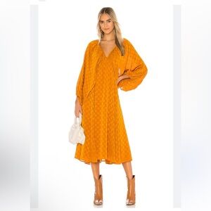 TULAROSA  Nola Plunge Neck Midi Dress In Copper Polka‎ Dot Chiffon Bohemian SZ M